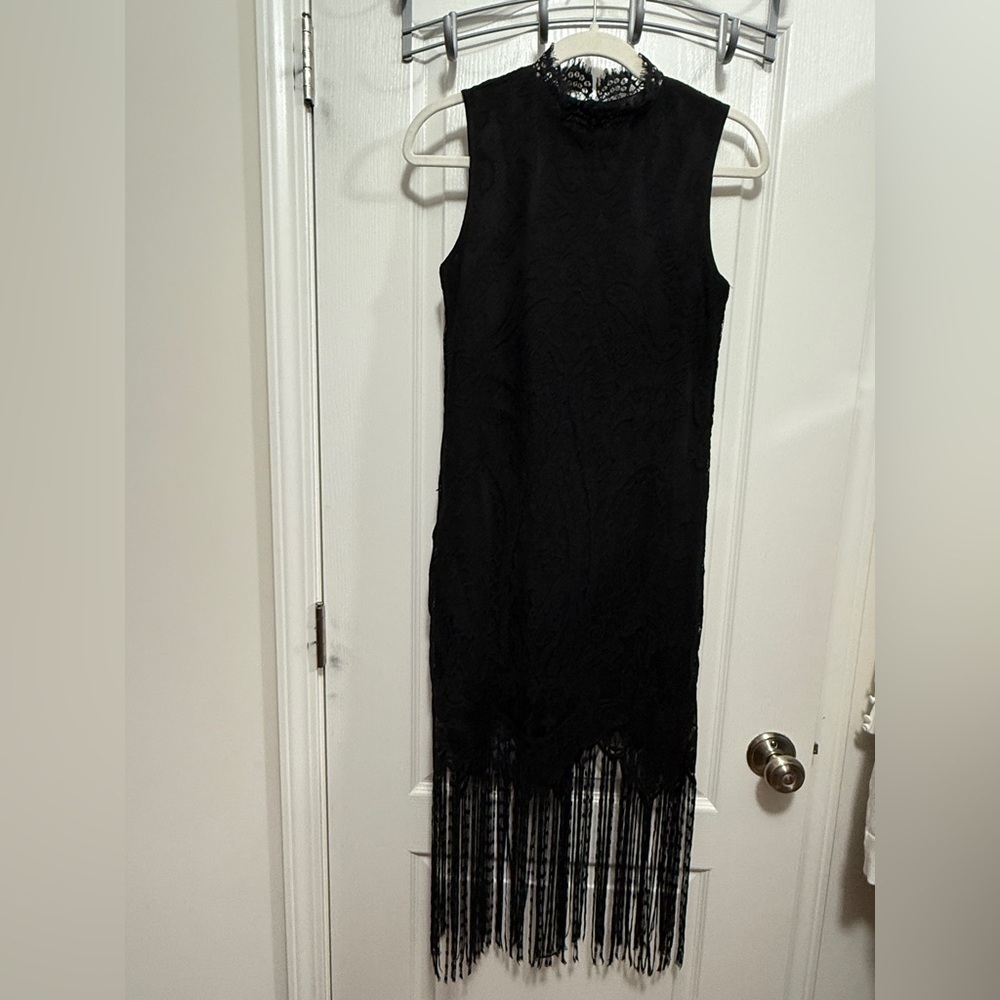 Aqua Black Lace overlay Shift Dress fringe women’s‎ XS flapper witchy whimsigoth
